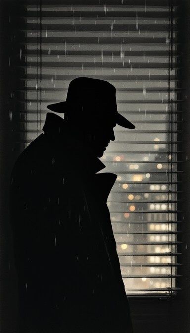 Schattenhafte Person im Hut vor einer Jalousie im Stil des Film noir